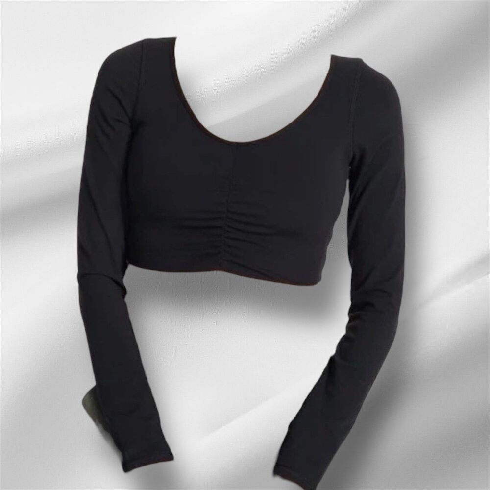 Vuori Long Sleeve Ruched Bra Black Crop Top Soft Stretch Workout Gym Top Small